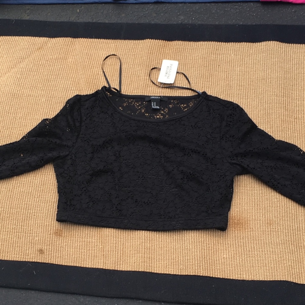 Forever 21 Black Lace Crop Top - Long Sleeve Size M NWT